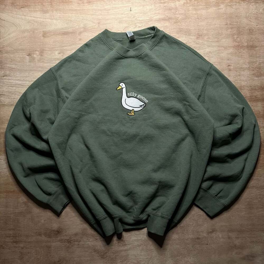 Silly Goose Embroidered Crewneck Sweatshirt Green Goose Graphic Gildan